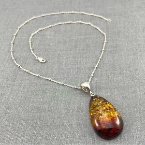 Stunning 925 Sterling Baltic Amber Teardrop Pendant on Beaded 925 Chain Necklace
